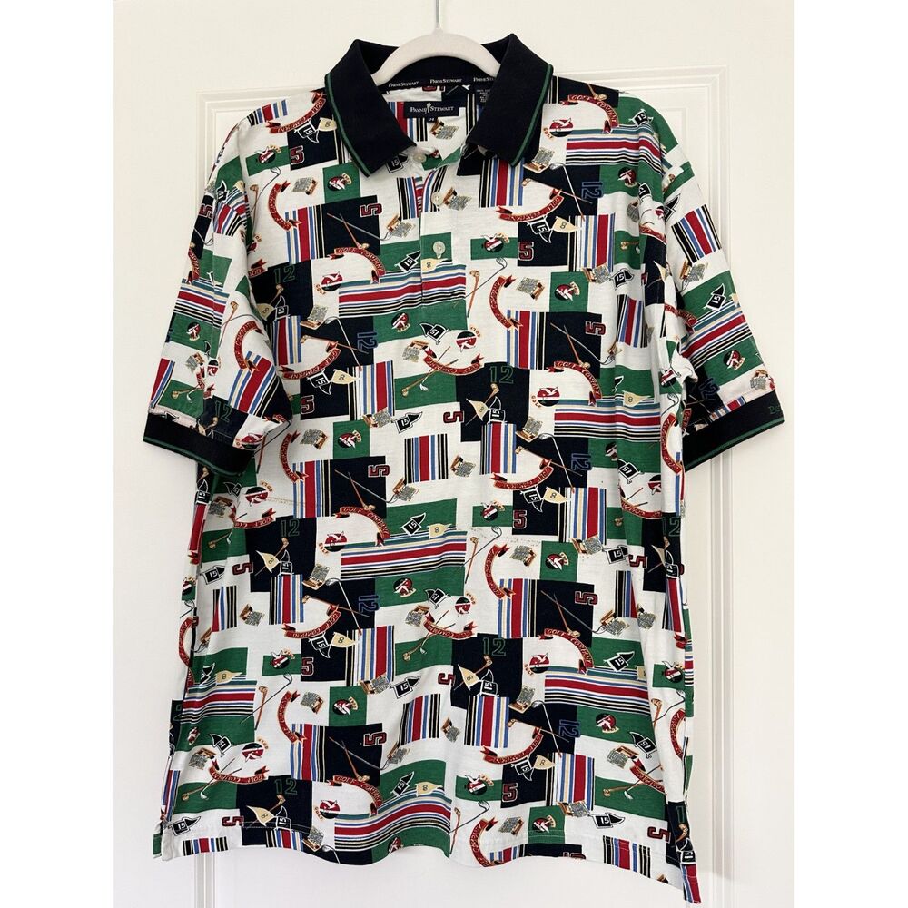 Payne Stewart Polo Shirt Men Medium Golf Print Cotton Short Sleeve Vintage Style